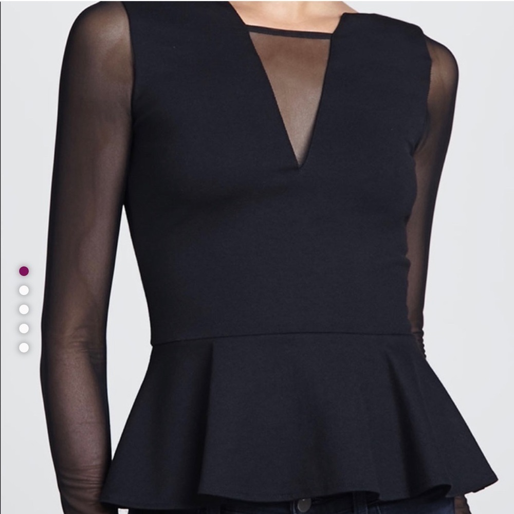 A133 Amanda Uprichard Sheer Sleeve Black Peplum Top M Minimalist Party Chic